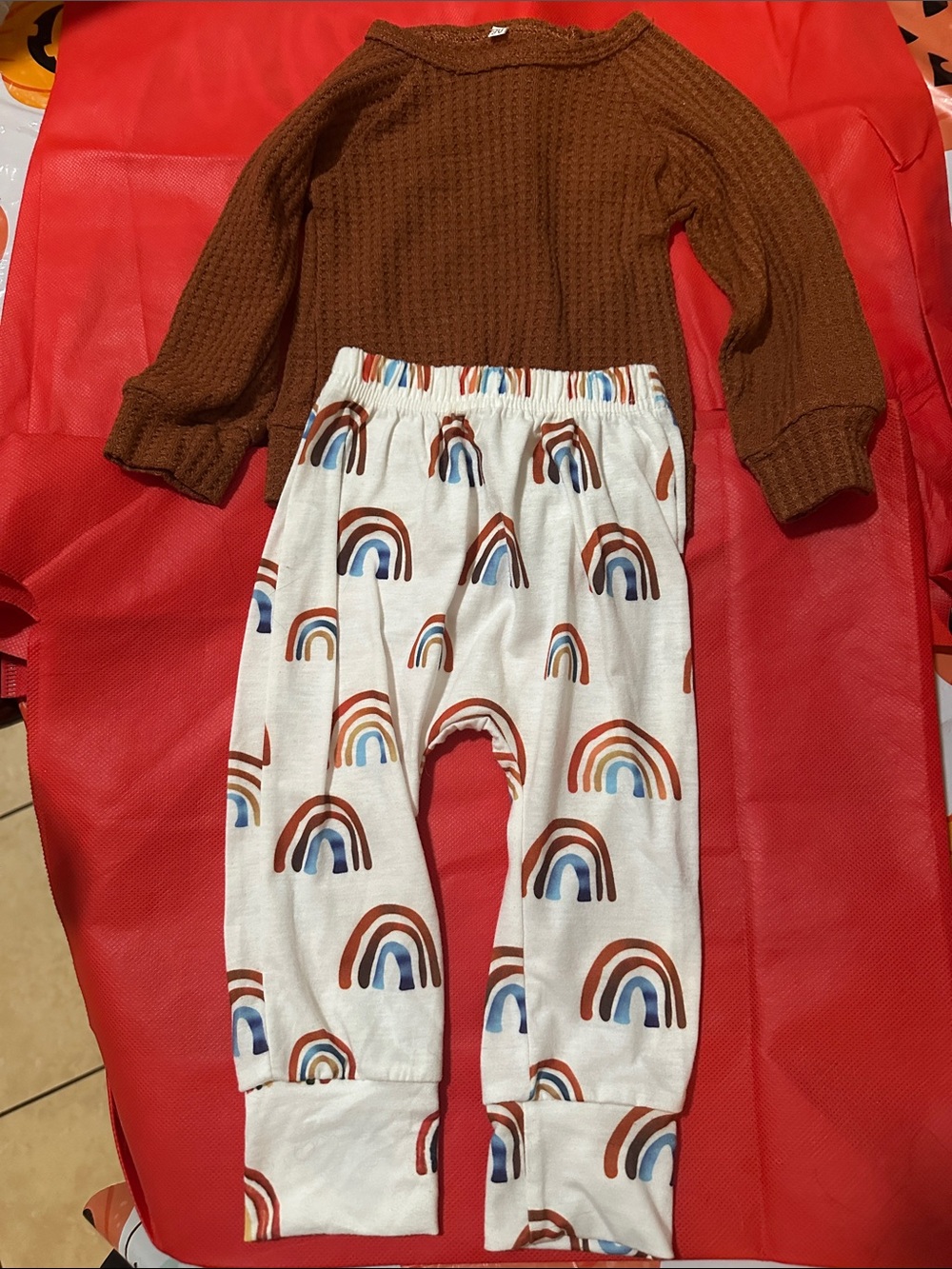 Kids Cream Rainbow Print Cotton Lounge Pants and sweater
